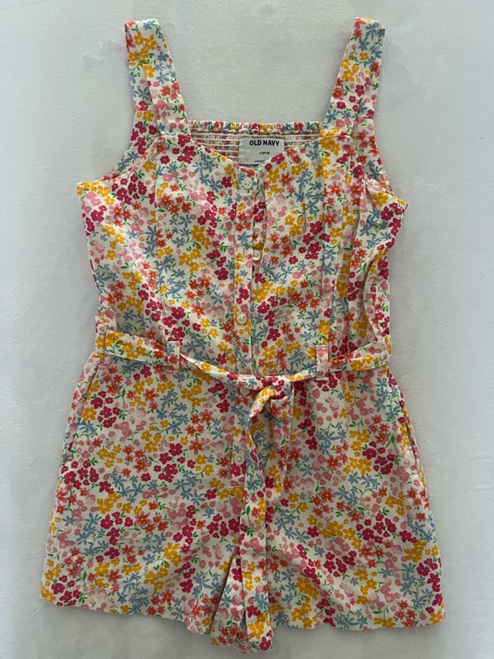 Old Navy Floral Print Girls' Romper Pink Yellow & Blue Accents 10-12 Linen Rayon